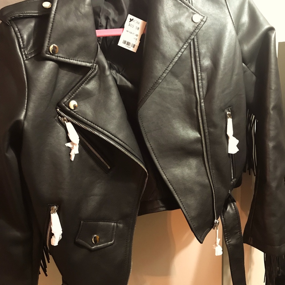 NWT, never worn, Akira (Chicago) faux leather fringe Moto Jacket